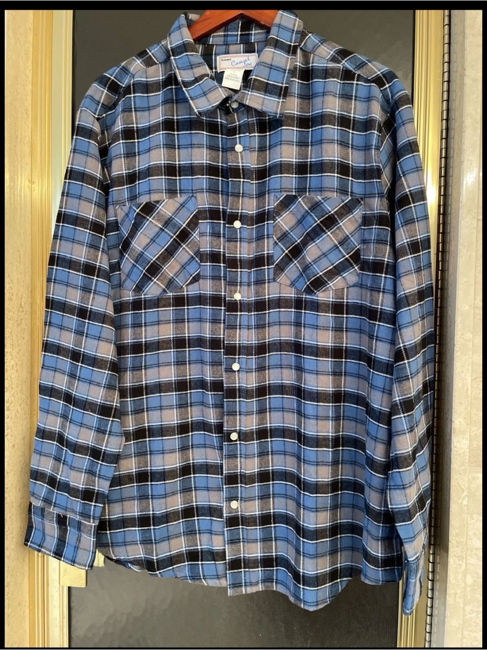 Haband Casual Joe Mens Blue Plaid Flannel Shirt Pearl Snap Button Size Large